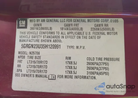 2005 Hummer H2 Suv from USA, damaged, VIN 5GRGN23U35H120991